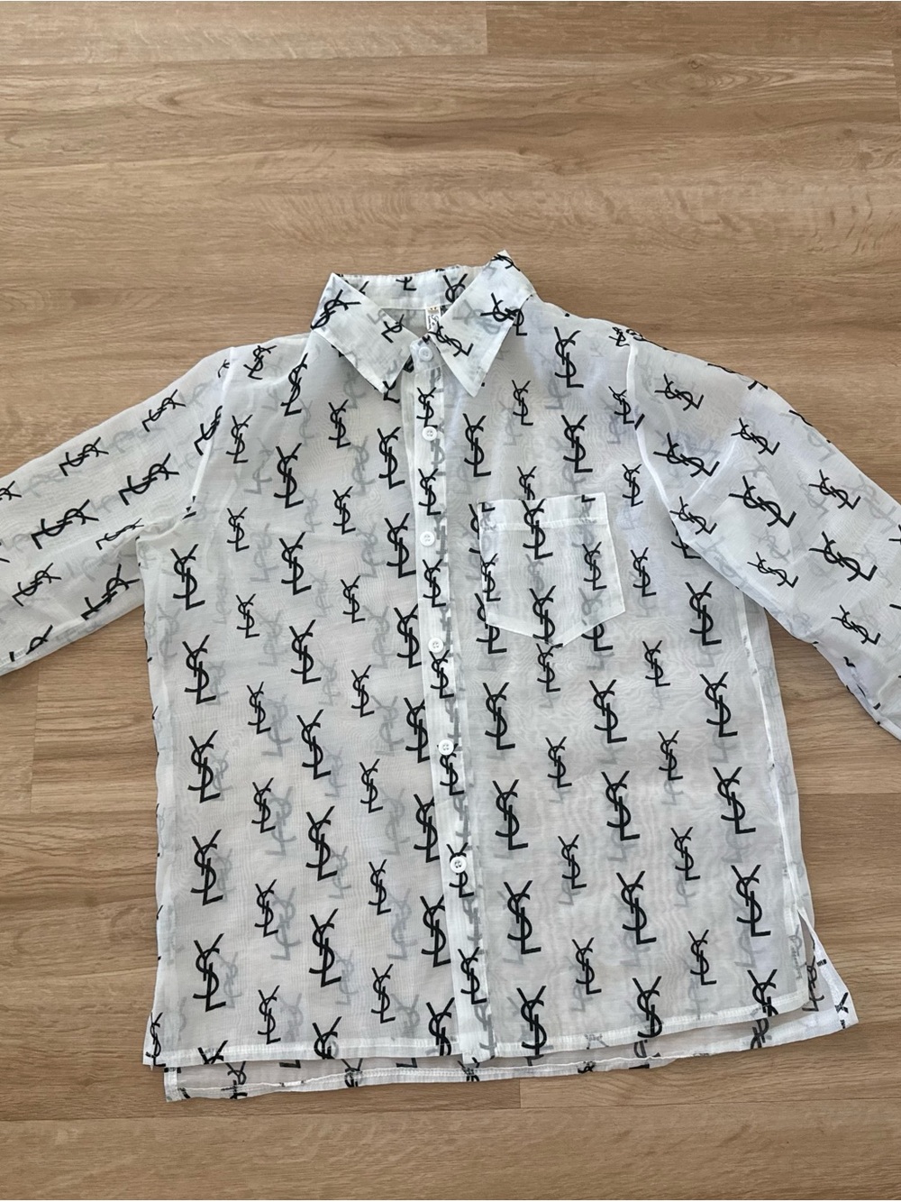 Fashion White Sheer Button-Up with Black Logo Motif